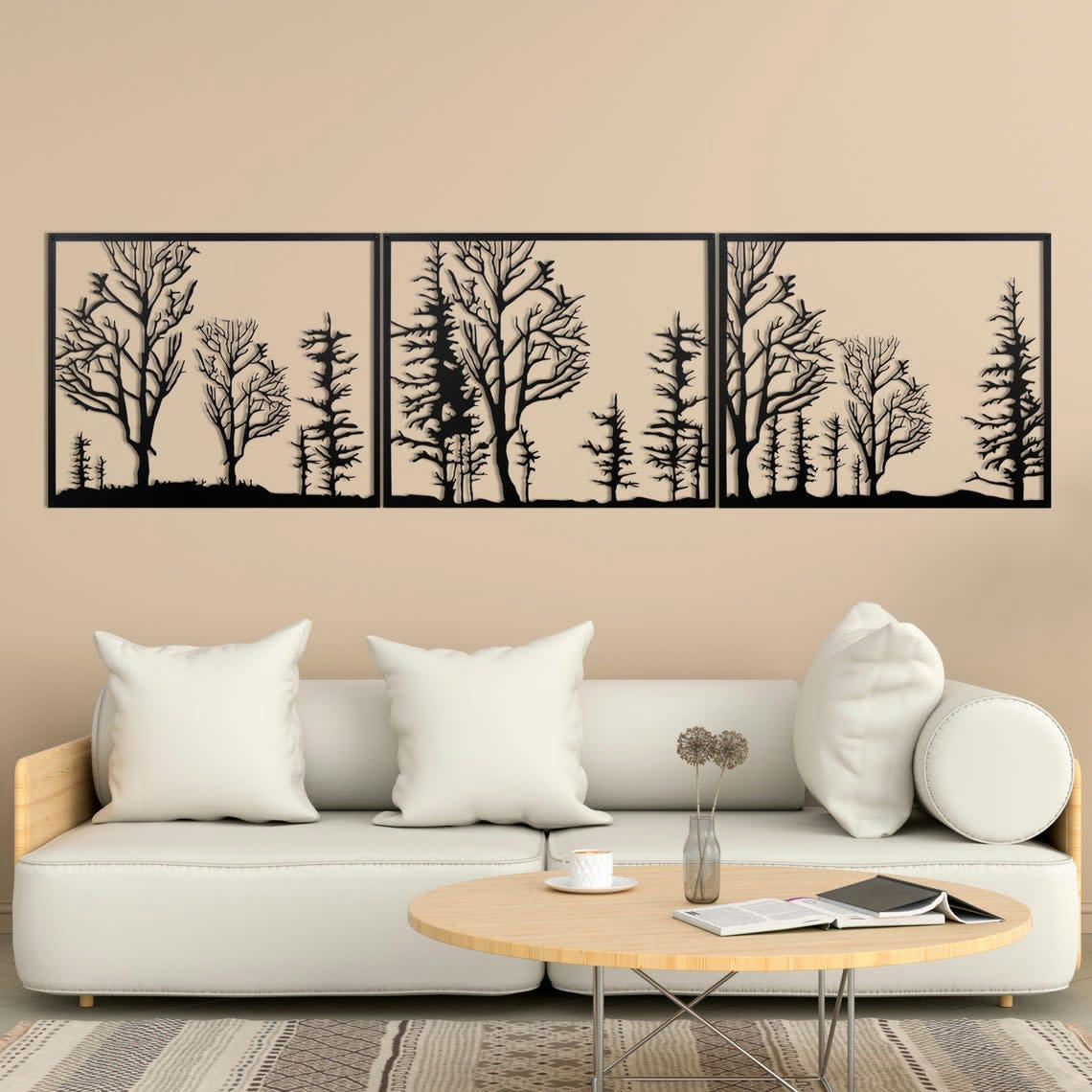 - Déco murale triptyque forêt en métal noir 132x36 cm
