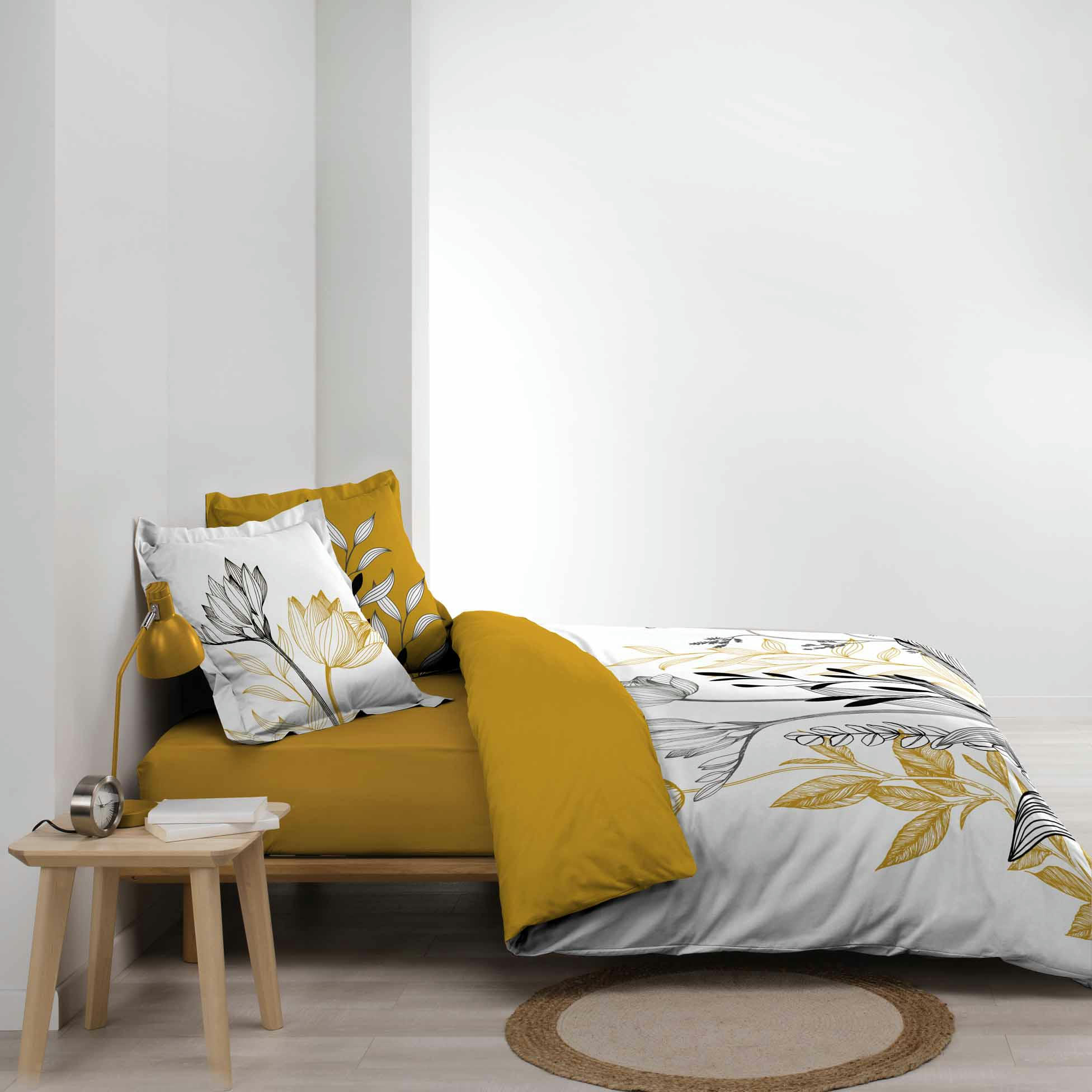 AMELINA - Parure de lit fleurs sur tiges coton jaune 220 x 240