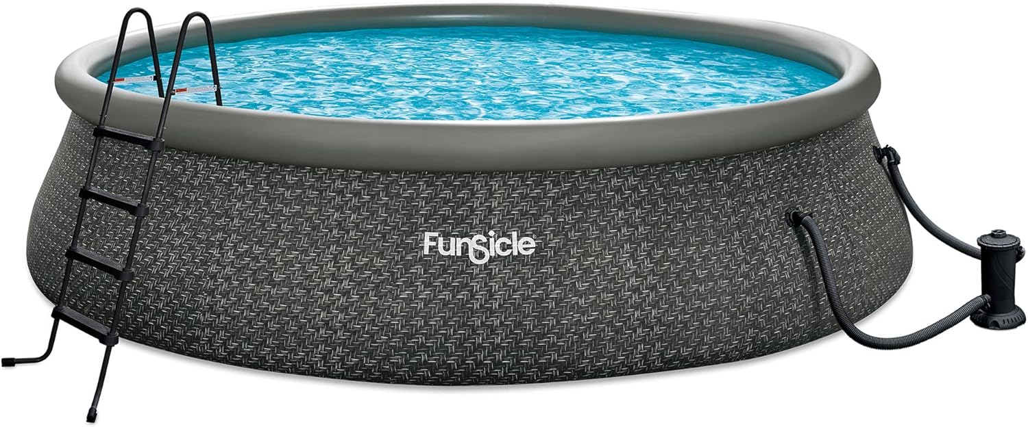 12 Foot by 36 Inch Quickset Round Inflatable Ring Top Outdoor Above Ground Swimming Pool Set with Pump and Cartridge Filter, Dark Herringbone(18' x 48)