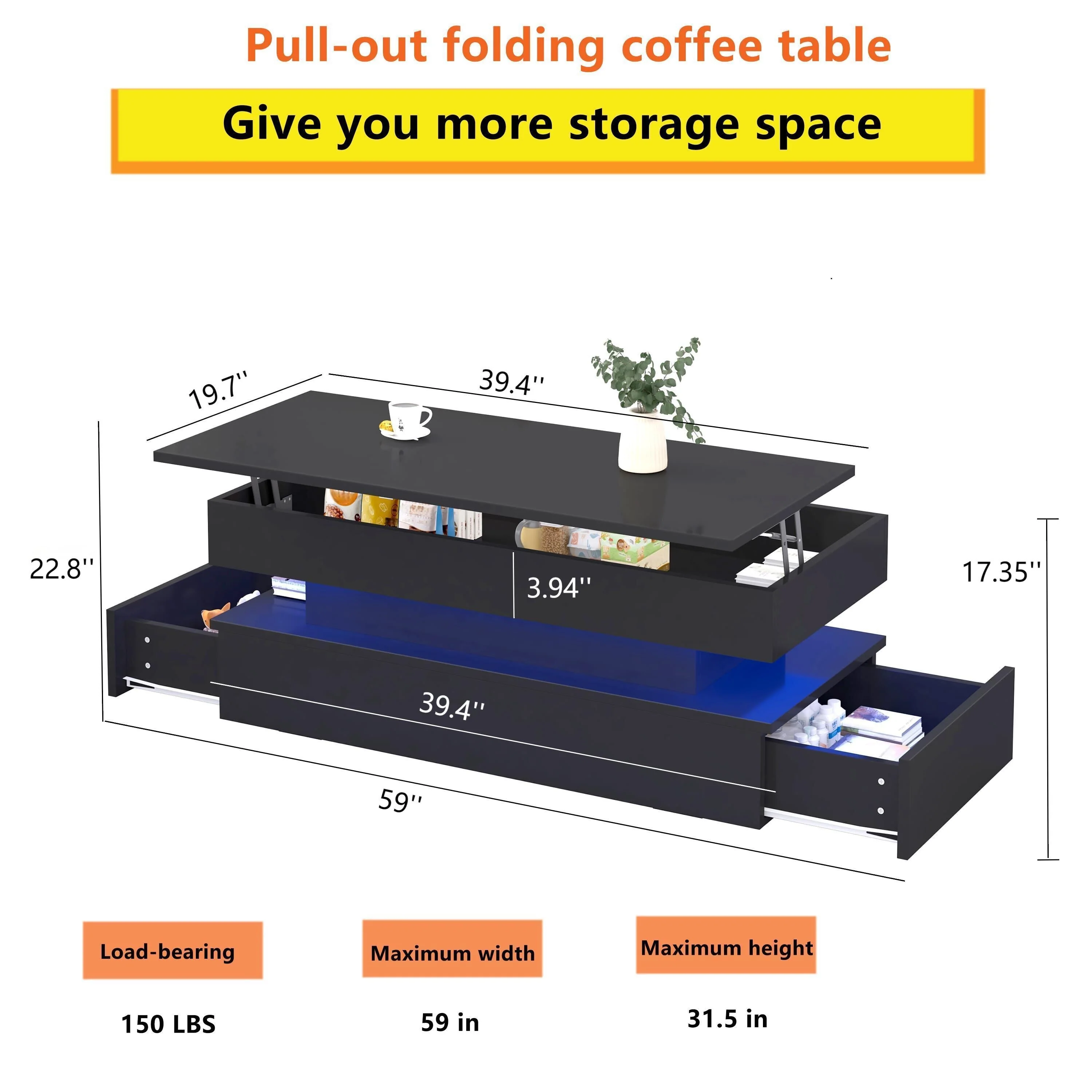 High Quality Three-Tier Foldable Coffee Table With Drawers