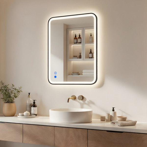 Lustro łazienkowe 80x60 czarny mat LED Dual dotyk   mata zaokrąglone