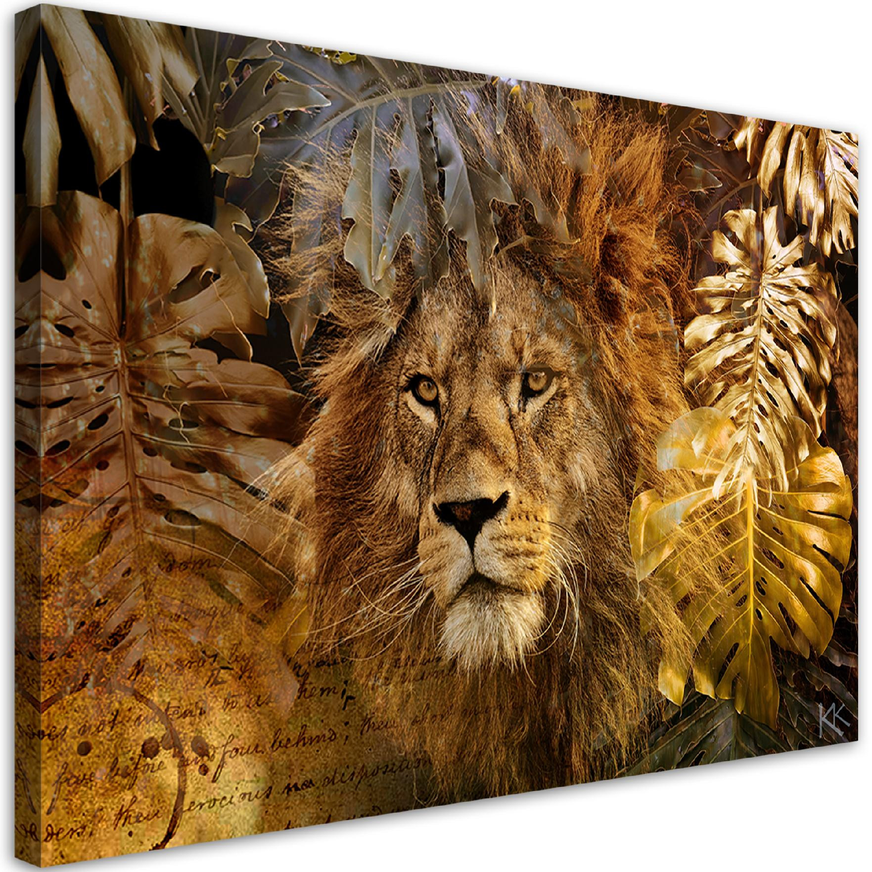 Feeby Obraz na płótnie, Lew i złote liście Monstera 60x40