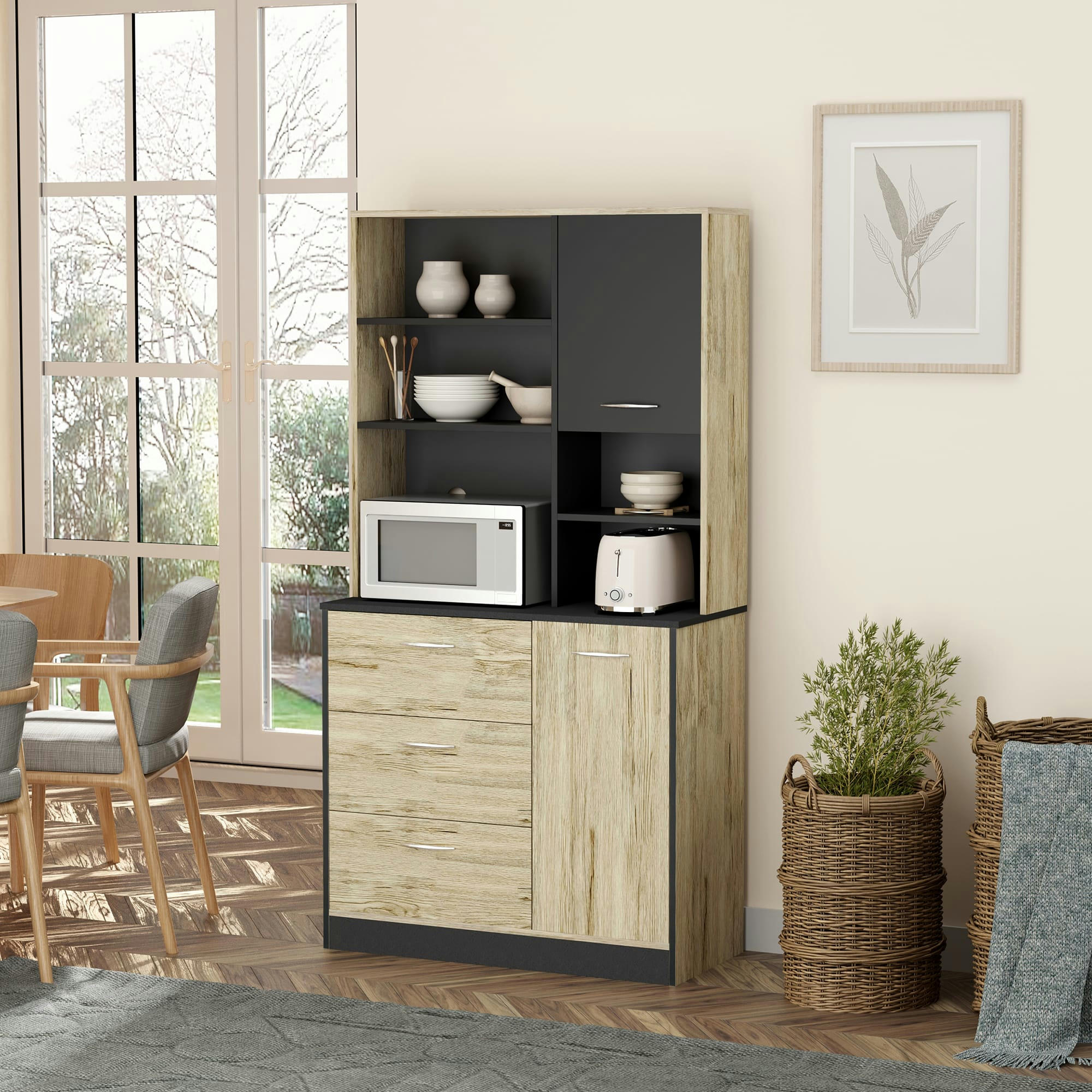 - Armoire de cuisine 2 portes 3 tiroirs 3 étagères plateau chêne gris