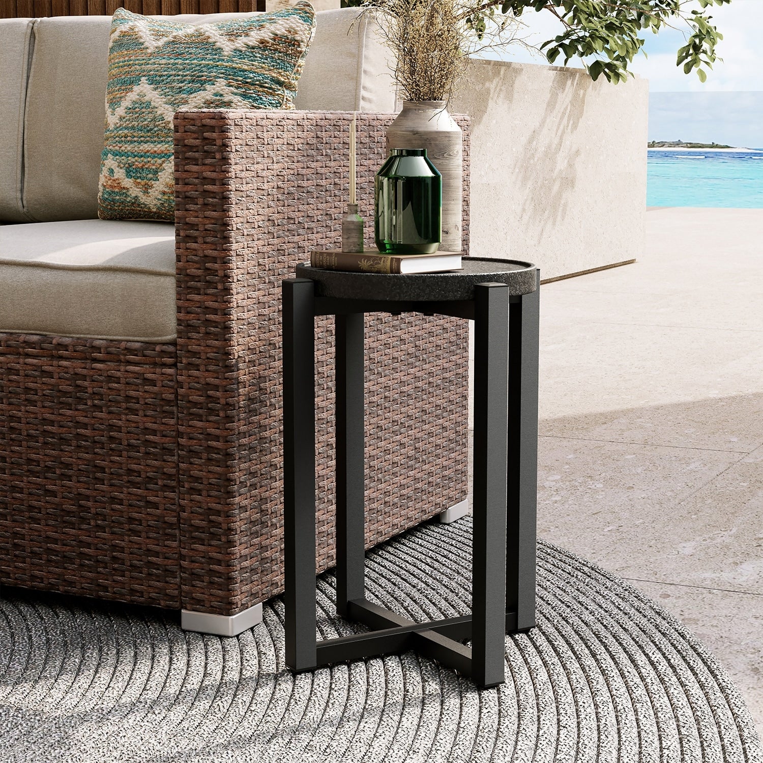 COSIEST Outdoor Patio Round Dark Grey Metal Coffee Table