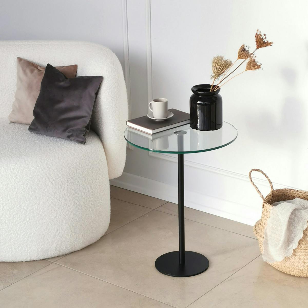 Bout de canapé rond en verre, pied métal noir Ø40 cm TULUM