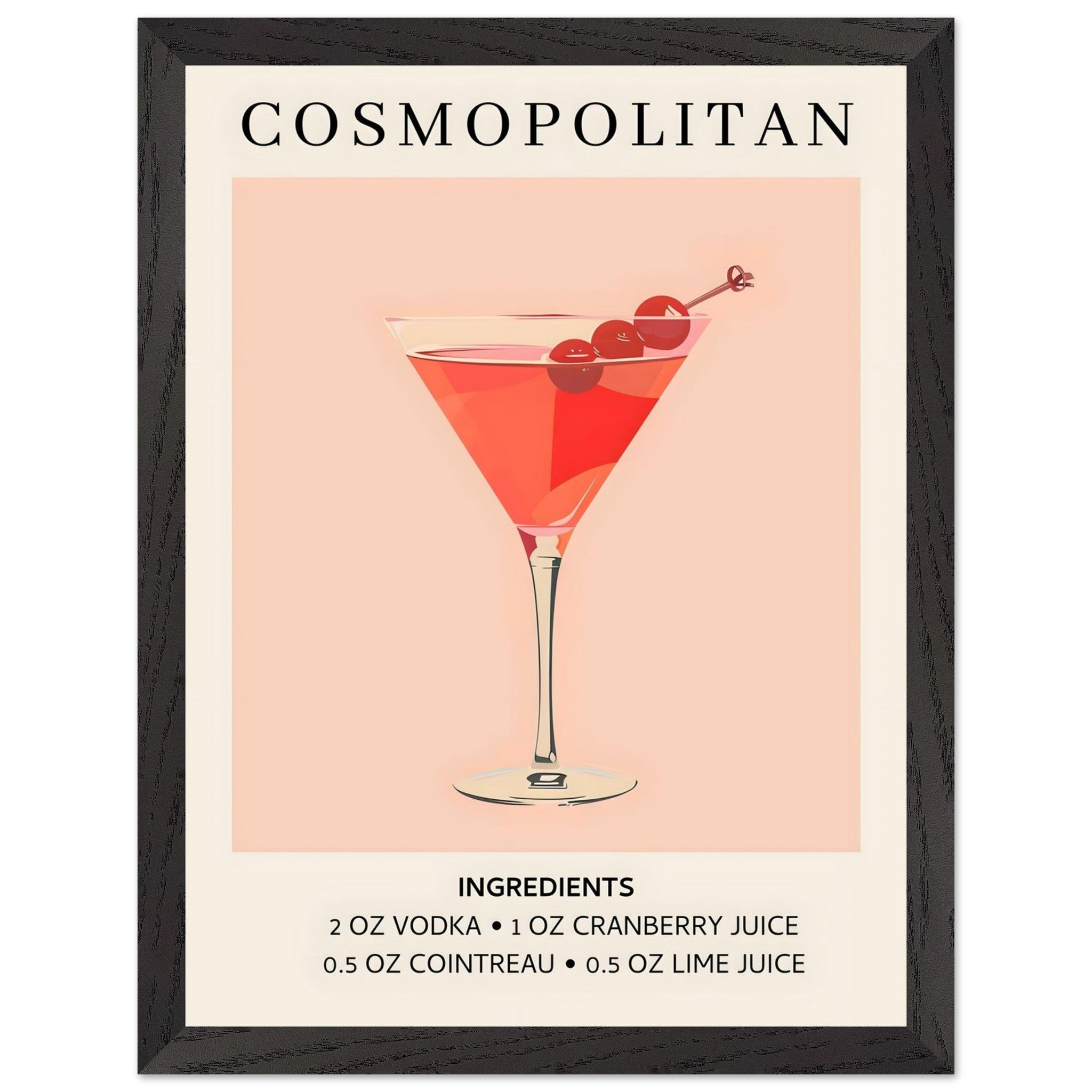 Artfulprints Poster met Lijst Cosmopolitan cocktail - Ingrediënten  - 30x40 cm - Roze
