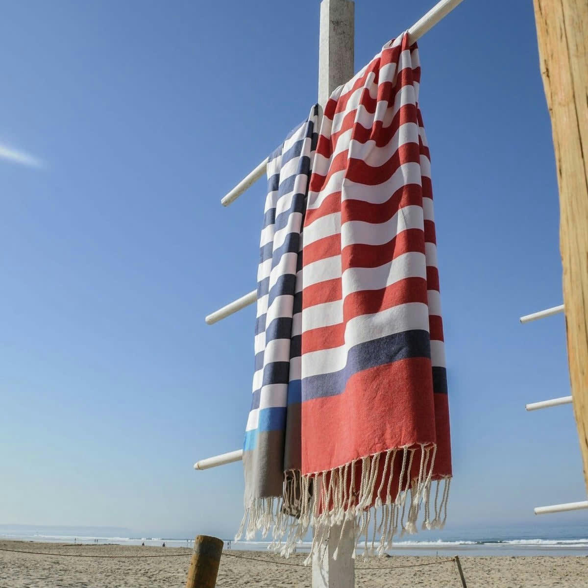 ARCACHON - Fouta tricolore coton  100x200 rouge / bleu jean