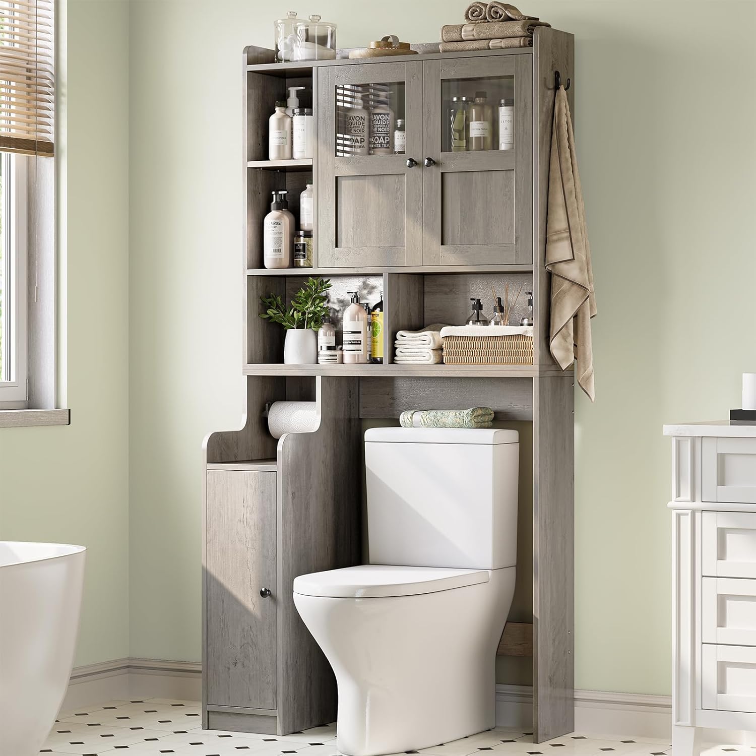 Itaar Over The Toilet Storage Cabinet, Over Toilet Bathroom Organizer with Glass Doors & Toilet Paper Holder Stand, Home Space-Saving Toilet Rack, for Bathroom, Restroom, Laundry, Grey
