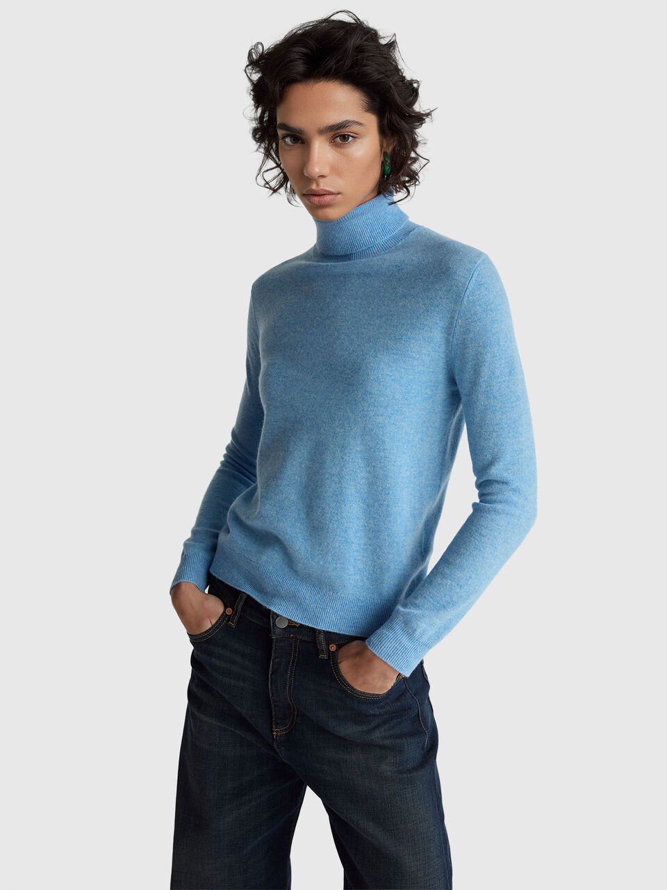 Sky blue turtleneck sweater in pure Merino wool