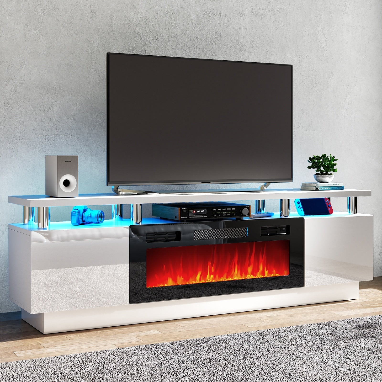 70'' TV Stand with 36 Fireplace and Adjustable Shelves