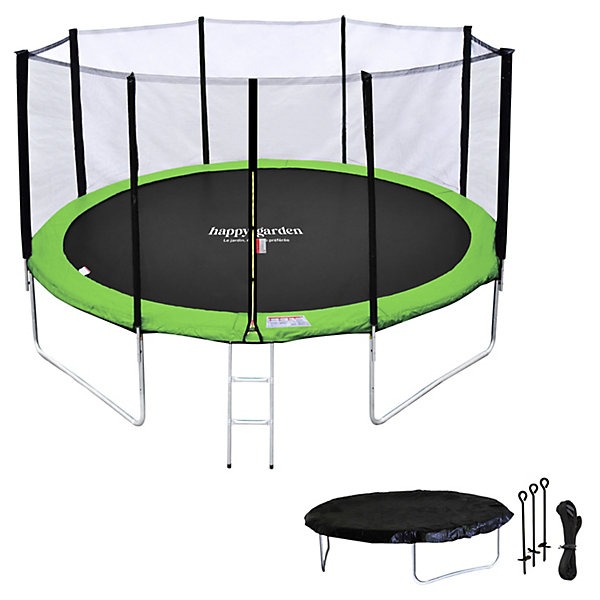 Pack Premium Trampoline 430cm réversible bleu / vert MELBOURNE   filet, échelle, bâche et kit d'ancrage - HAPPY GARDEN