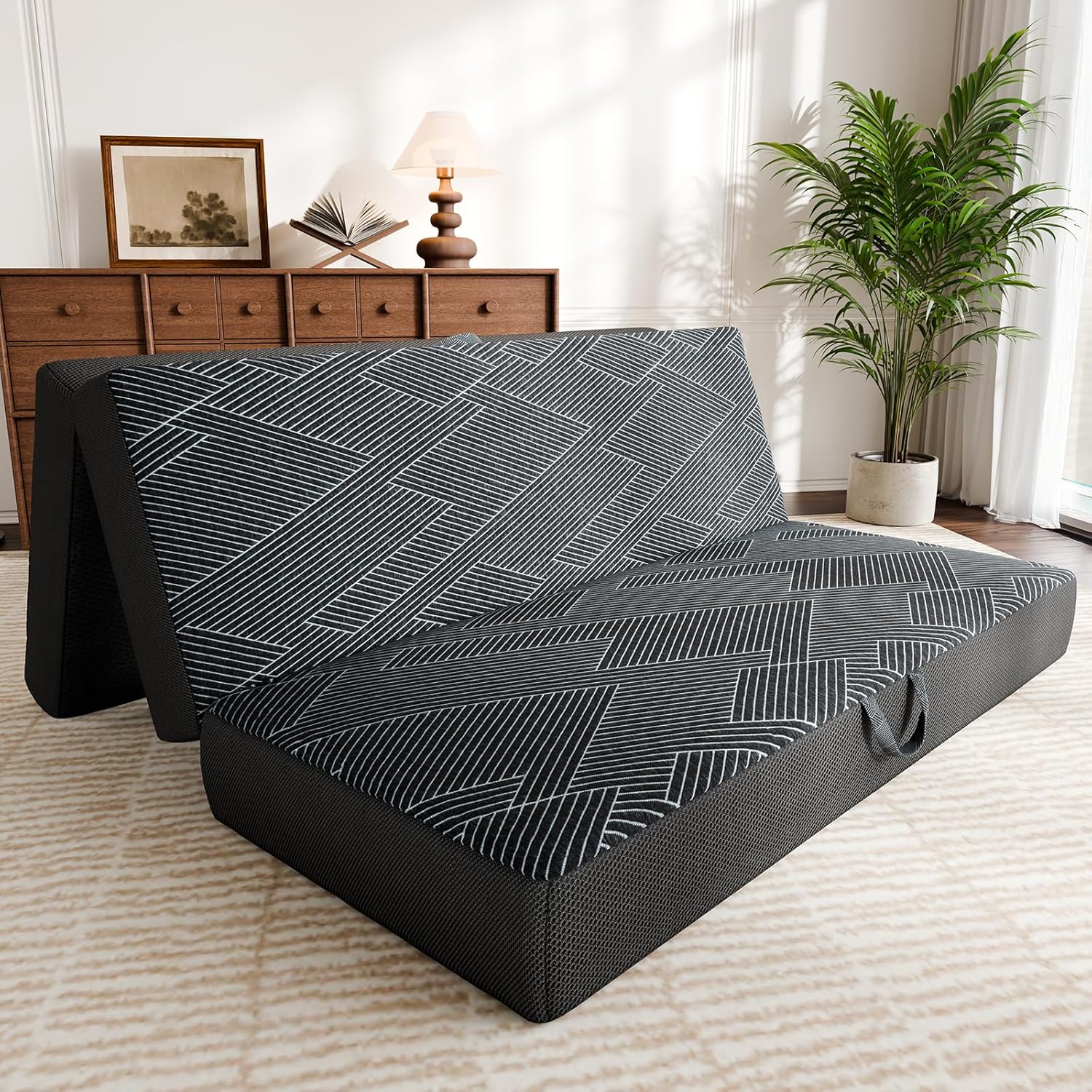 Tri Folding Mattress Queen Size - Foldable Mattress Trifold Memory Foam Mat with Washable Cover, Handle & Non-Slip Bottom Portable Foldable Floor Sofa Bed for Travel Camping Guest - 6 Inch, 78x58x6