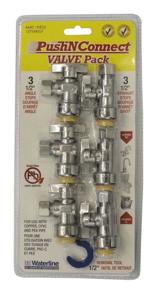 Waterline Push N' Connect Angle and Straight Stop Valve Set, 1/2-in, 7-pc