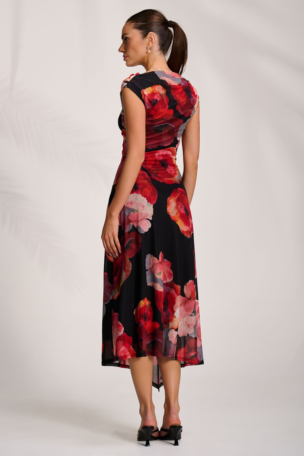 Jolie Moi Asymmetric Draped Mesh Midaxi Dress