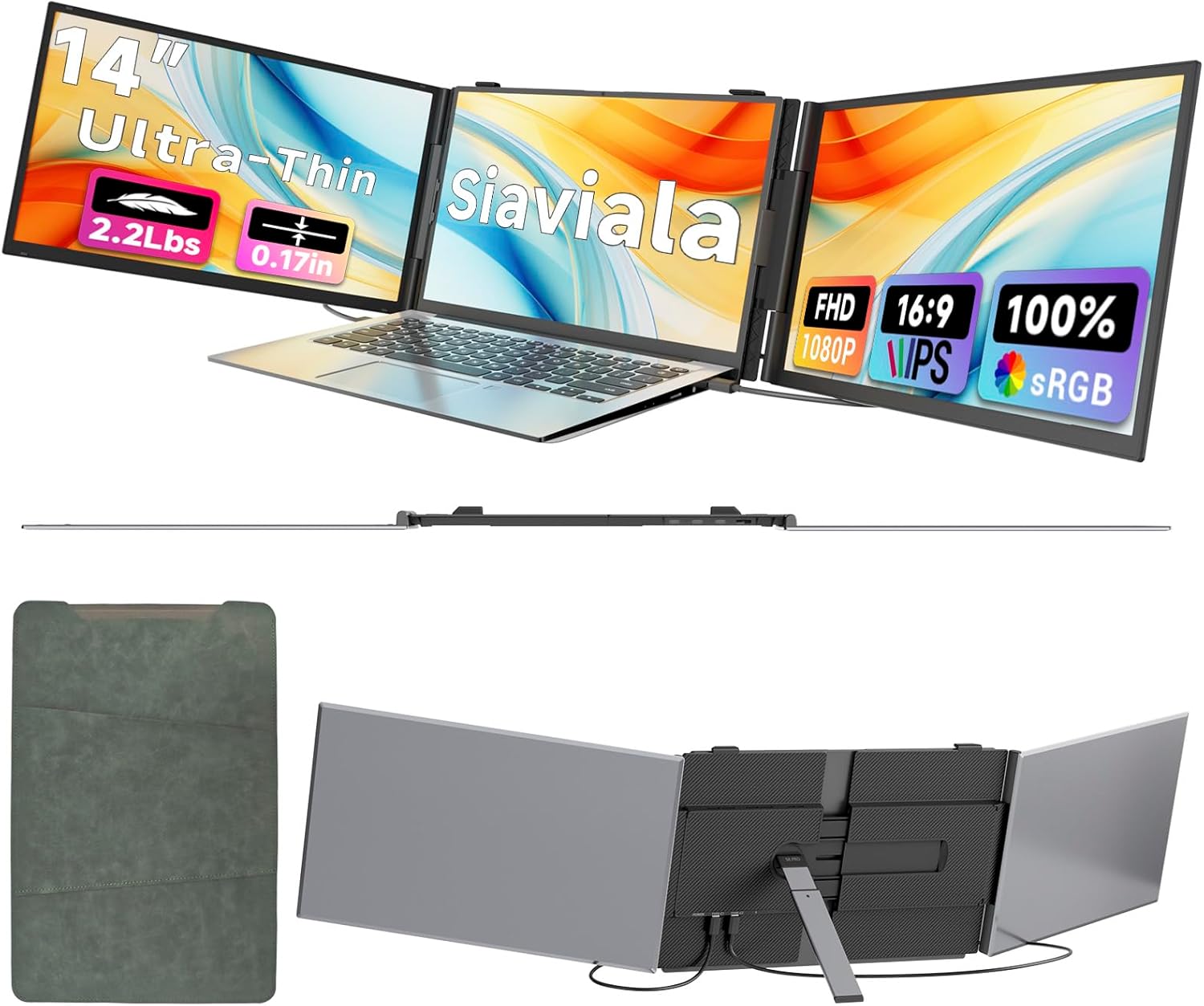 Laptop Screen Extender 0.17 Ultra-Thin  14 1080P FHD IPS Portable Monitor  Triple Screen Laptop Monitor Extender for 13-17 Laptops  Plug & Play for Mac/Android/Chrome