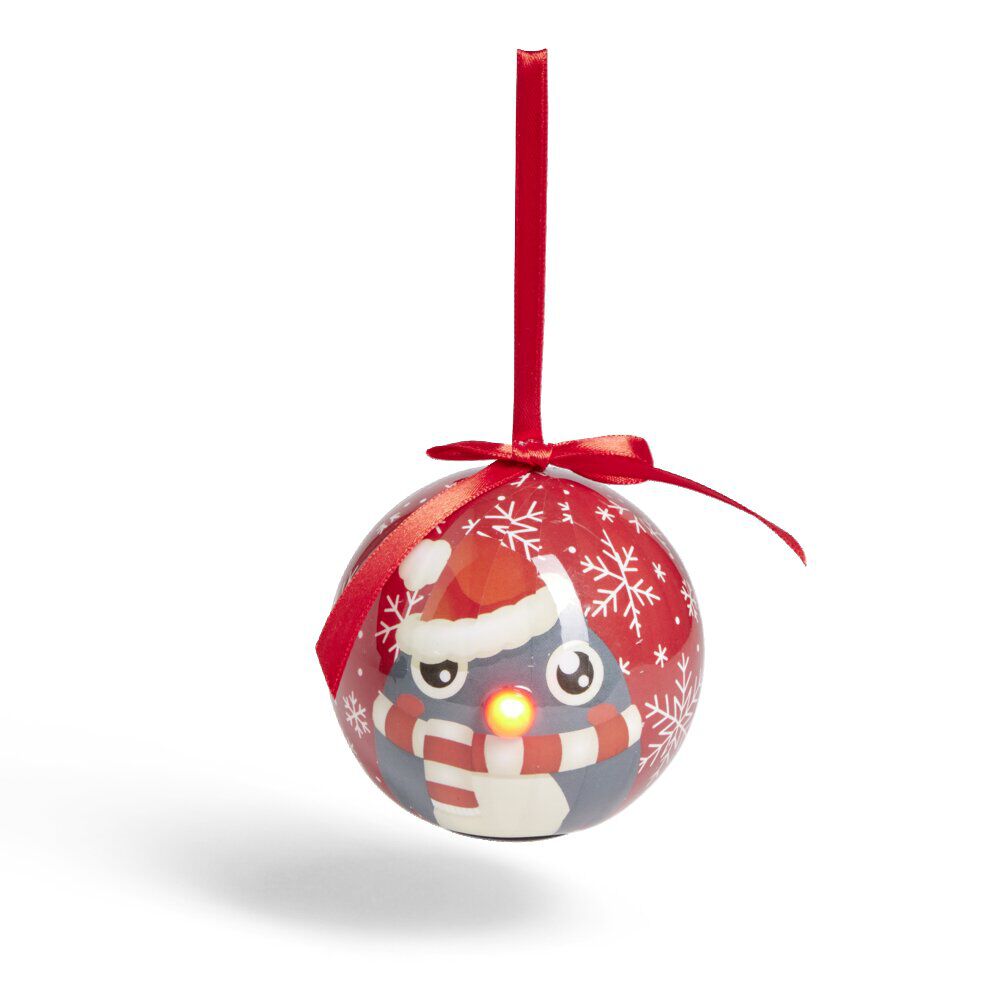 Boule de No&euml;l à suspendre avec nez rouge LED Ø8cm (4 modèles)