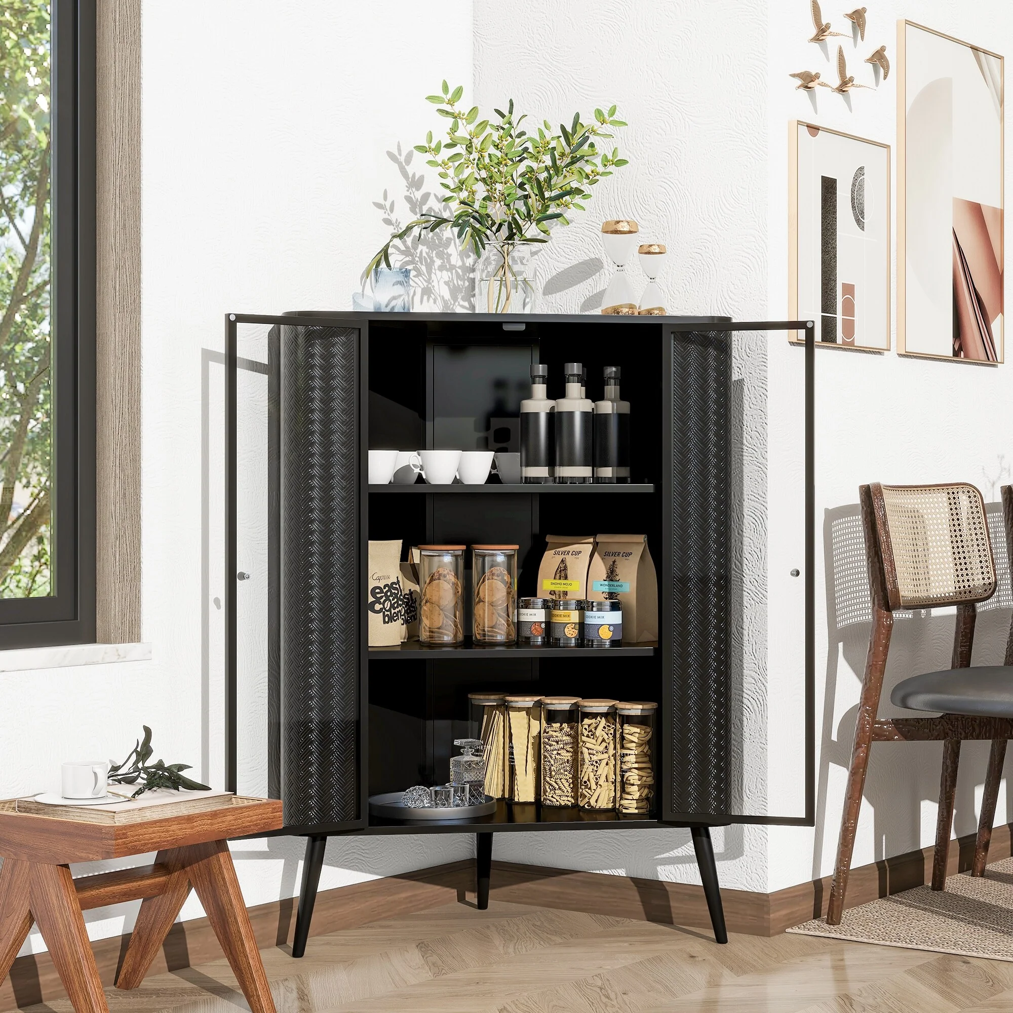 Modern 3-Tier Corner Storage Cabinet with Tempered Glass Doors, Shelves & Metal Frame - Freestanding Space-Saving Organizer