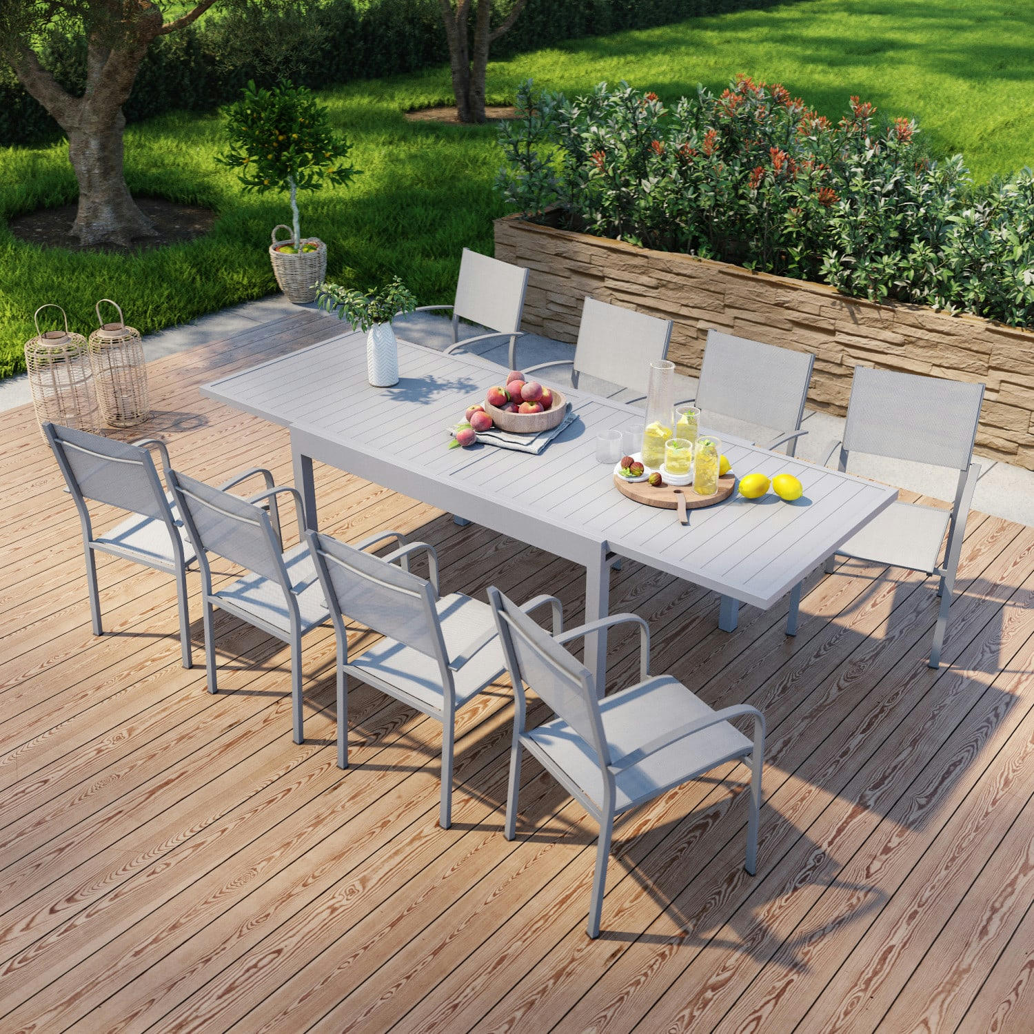 MILO 8 - Ensemble de jardin 8 places extensible en aluminium gris