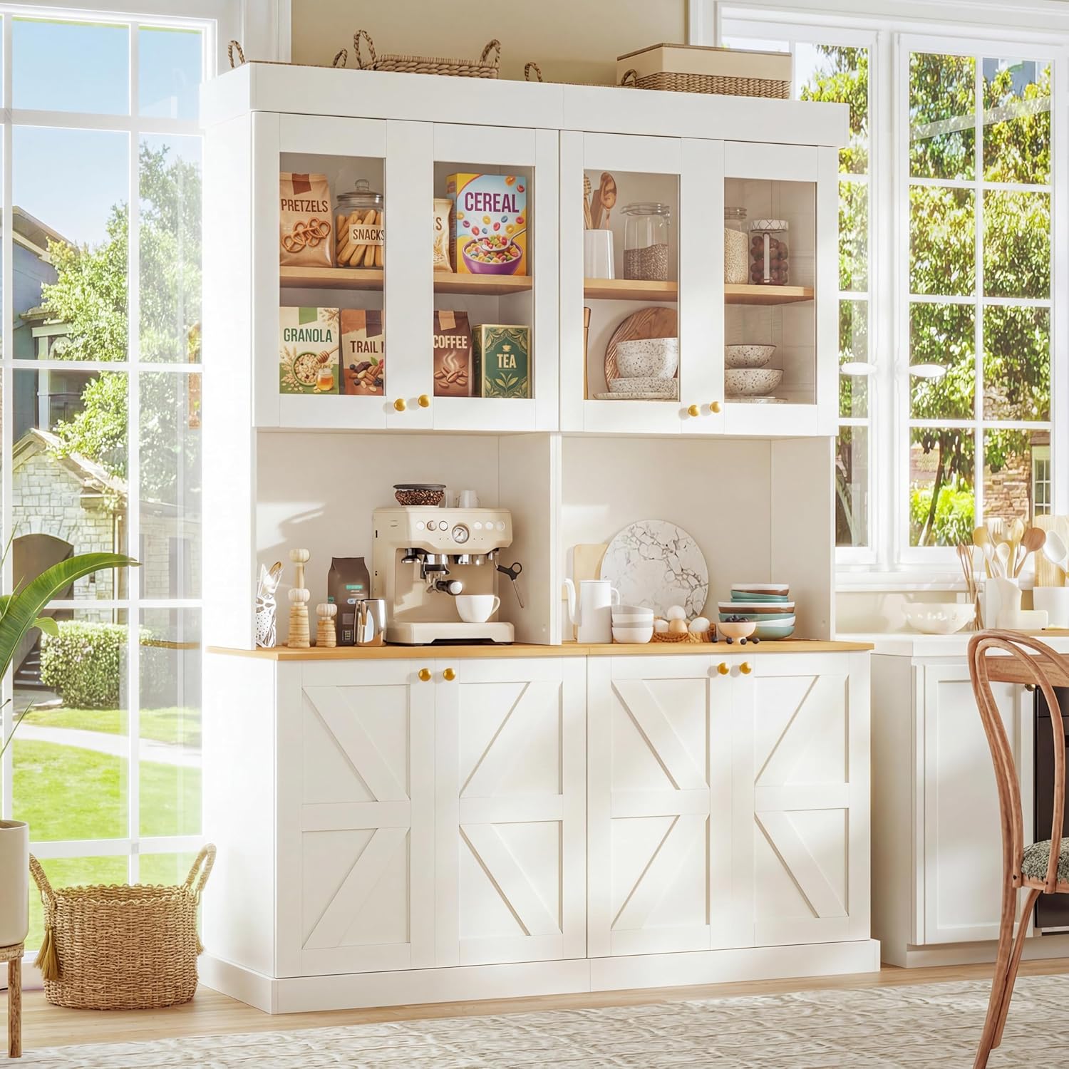 Vyre 71 Farmhouse Kitchen Pantry Cabinet Set of 2, White Freestanding Coffee Bar Hutch with Glass Doors & Adjustable Shelves, Large Storage Cabinet with Microwave Stand for Living Room & Kitchen