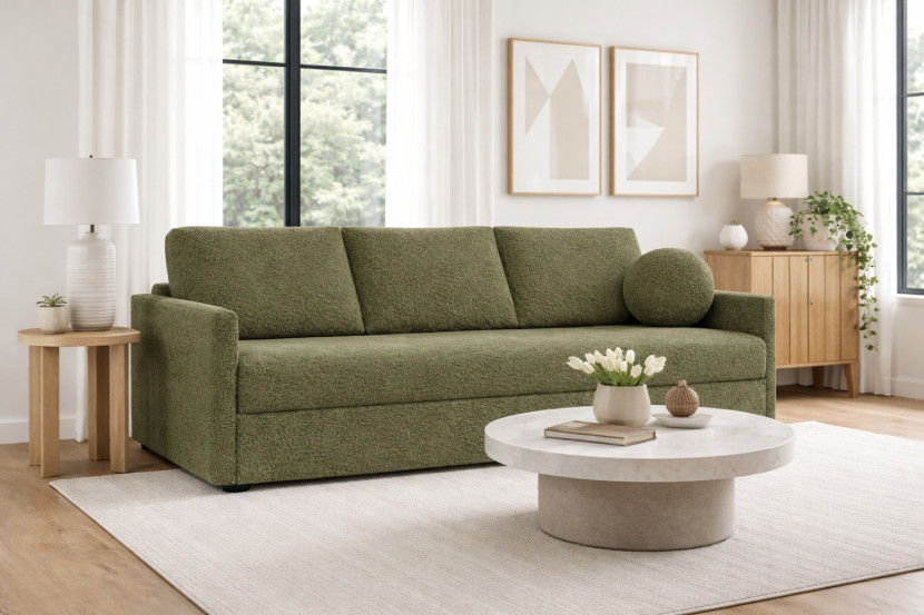 Nowoczesna sofa trzyosobowa SISI z funkcja spania w tkaninie Boucle zielona