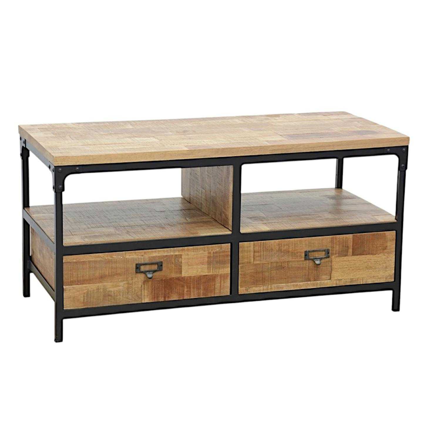 Meuble TV 2 tiroirs, 2 niches ouvertes en Hévéa recyclé naturel et métal 100x45x50cm LOFT