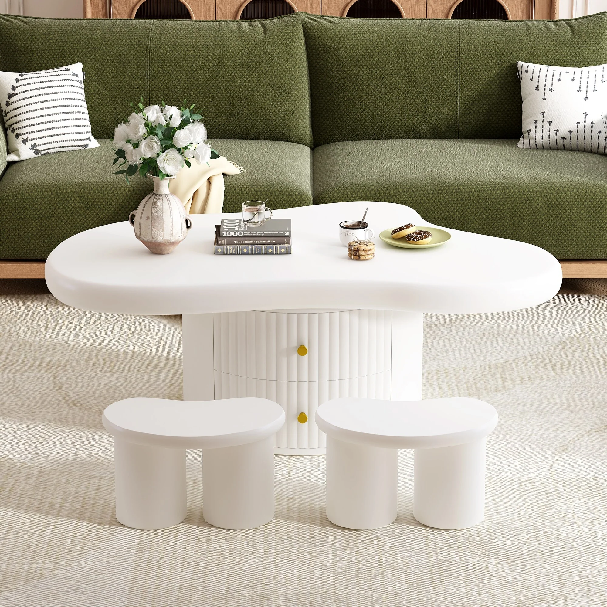 Cloud Coffee Table Set of 3 with Irregular Shape, 2 Drawers & 2 Small Stools for Living Room - 38.2 D x 26.4 W x 14.6 H