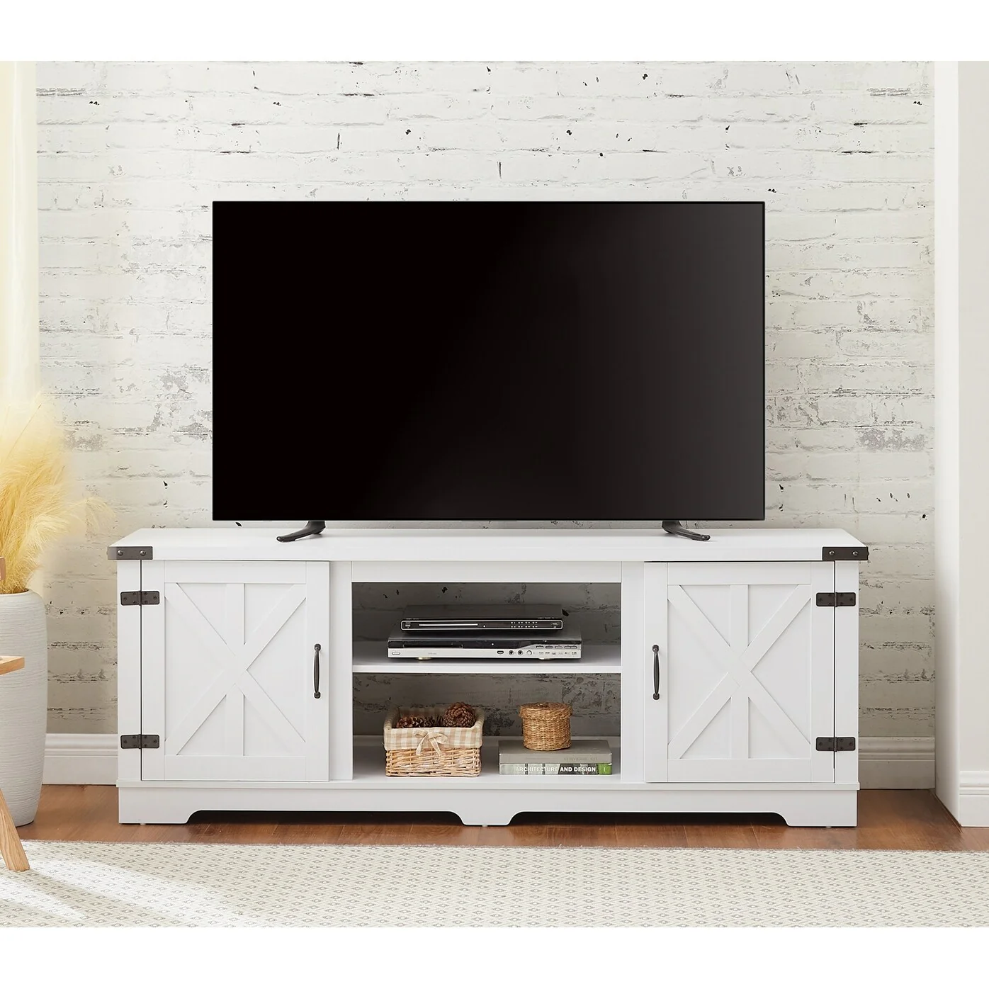 Modern Farmhouse TV Media Stand for TVs Up to 70 Inches with Open Shelves