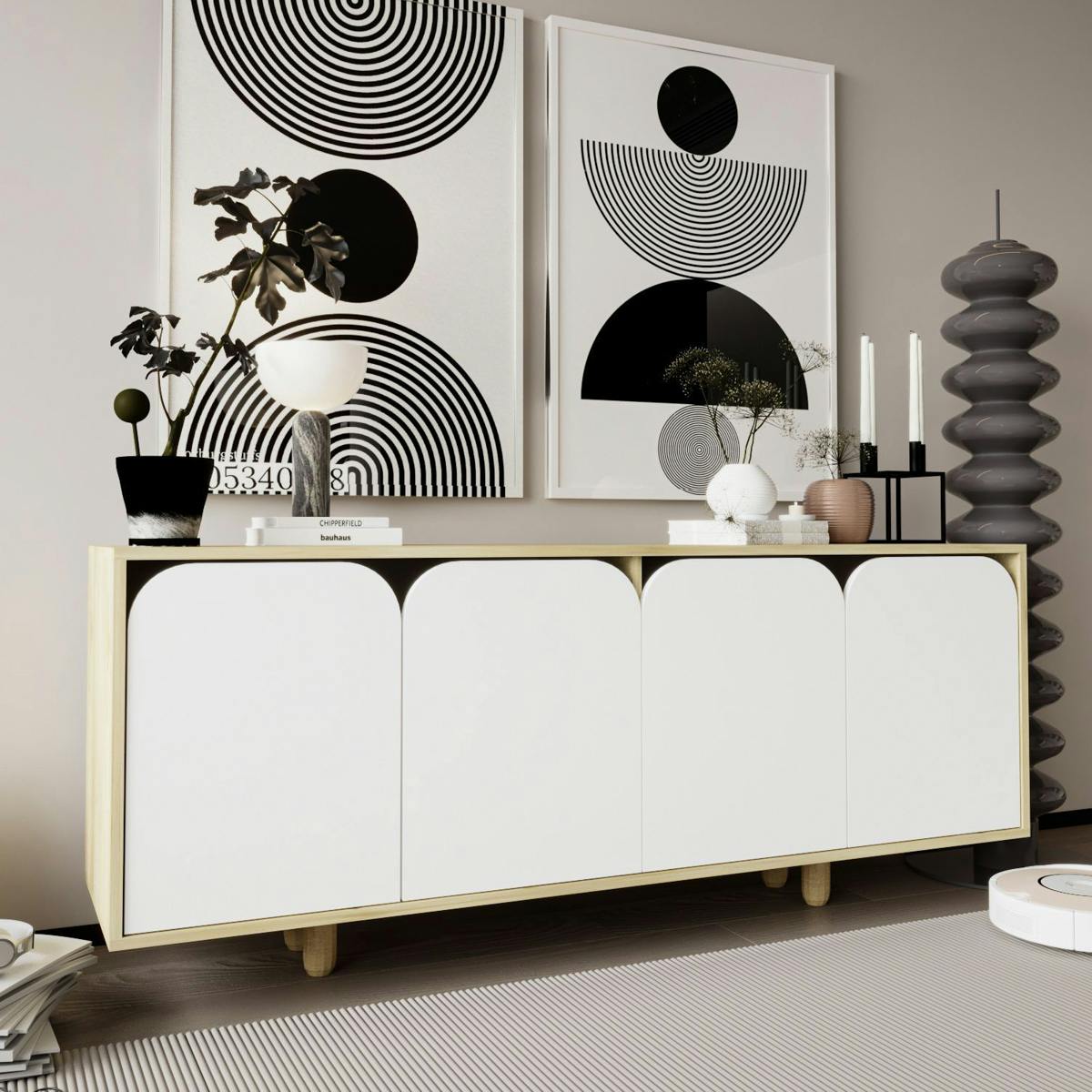 Buffet bas moderne effet bois 4 portes blanches VAREN