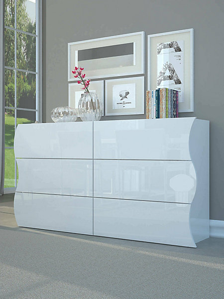 Commode Tyler, Commode 6 tiroirs, Commode de chambre, 100% Made in Italy, Blanc brillant, 155x40h82 cm