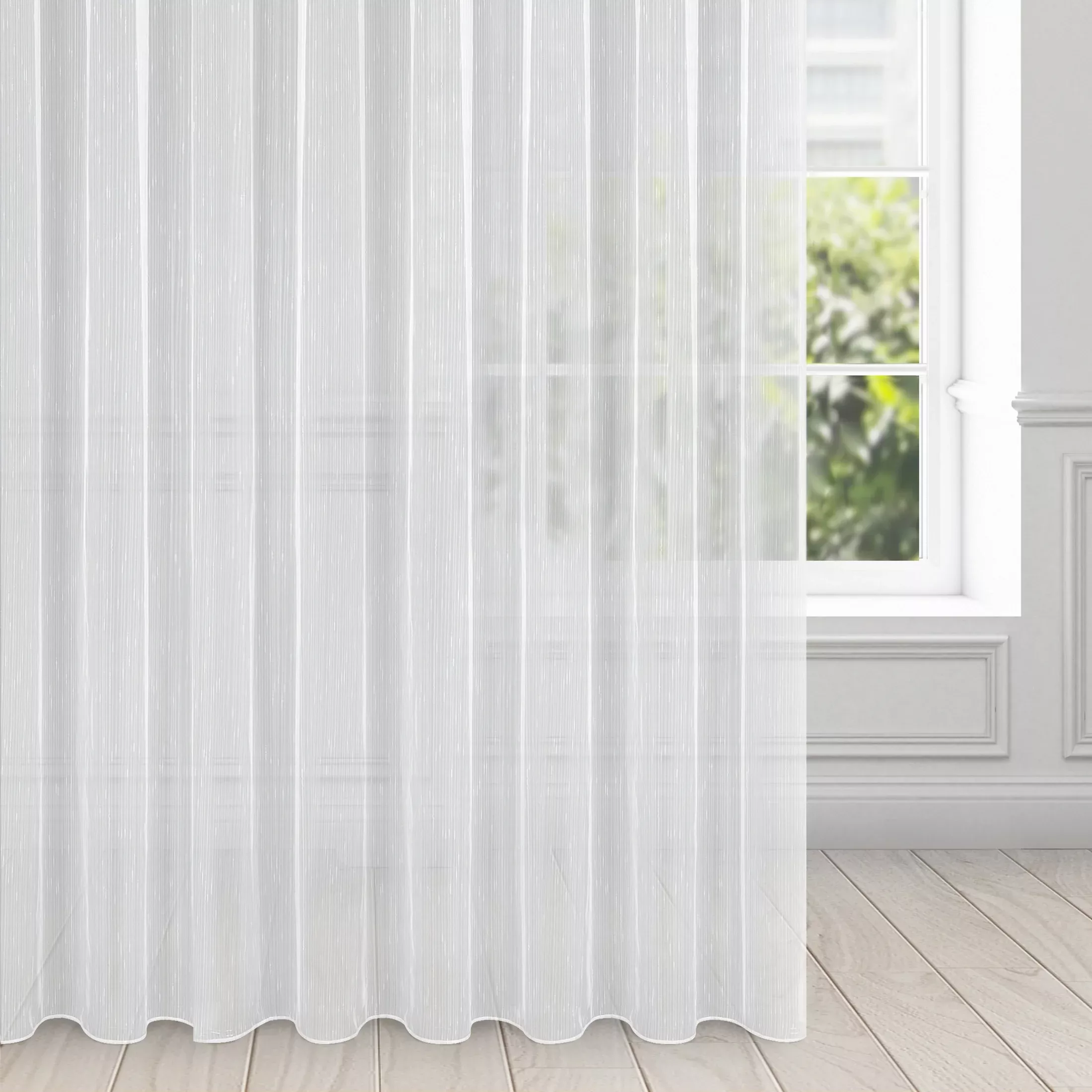 Firana biała z delikatnymi prążkami i efektem deszczyku 350x270 cm taśma PILAR