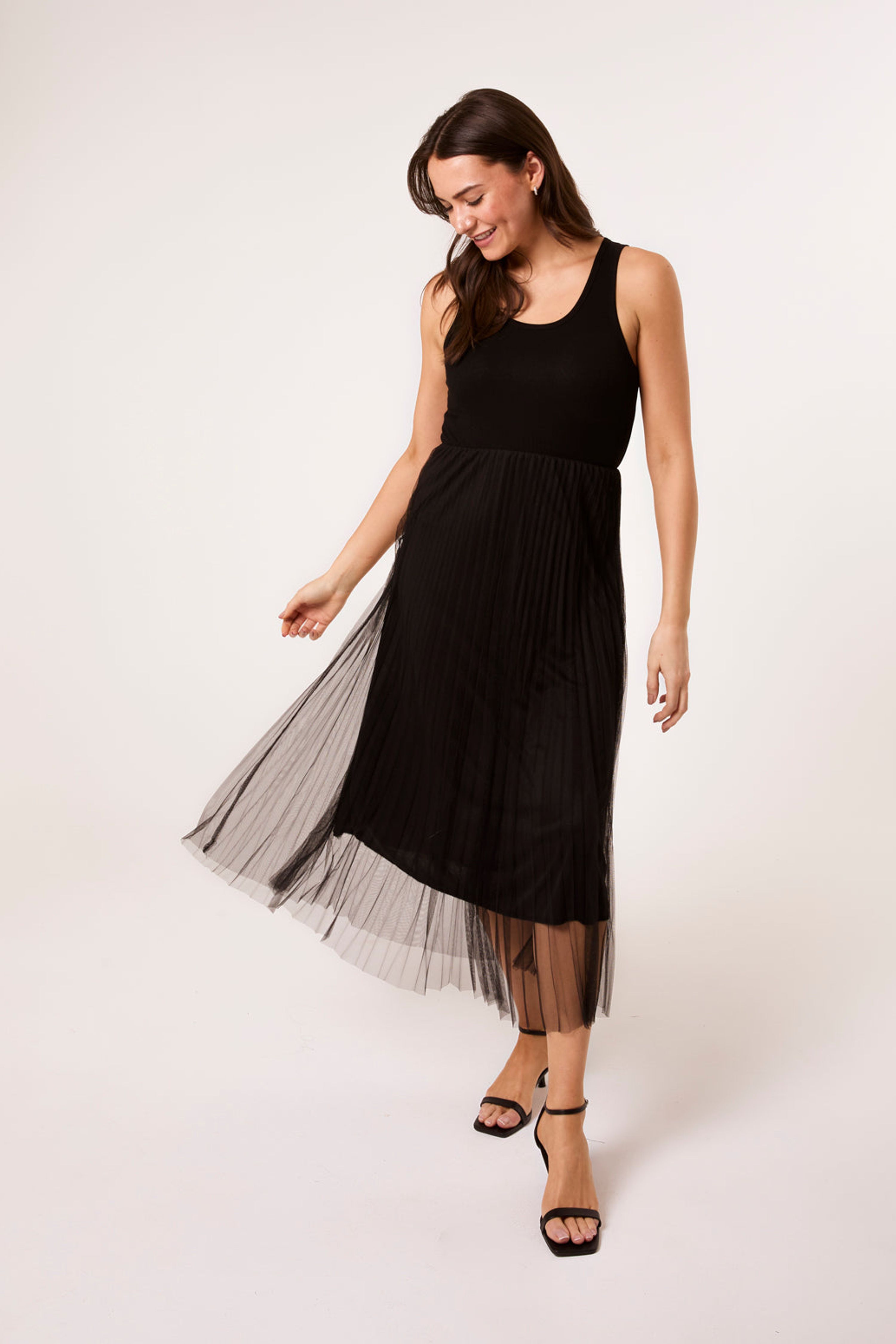 Blue Vanilla Black Crochet Top Pleat Dress