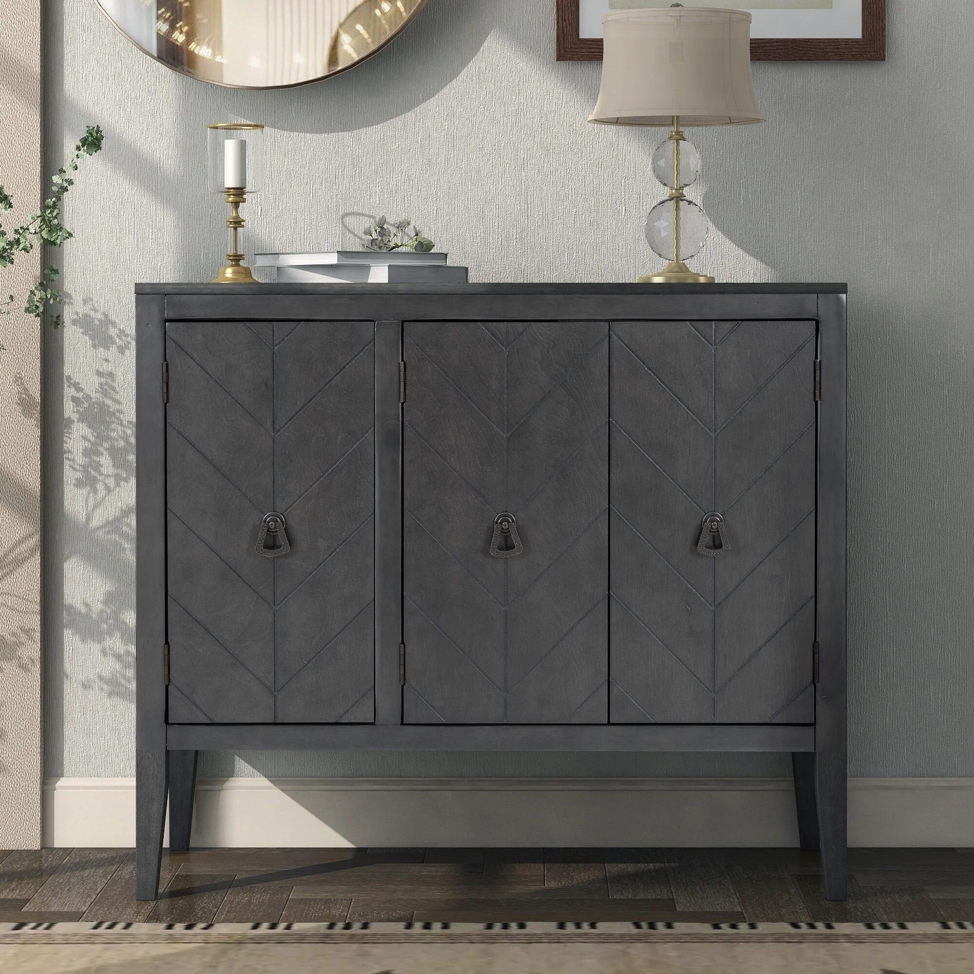 Wooden Storage Sideboard Entryway Cabinets with Adjustable Shelves, Cupboard with 3 Retro Metal Handles & 4 Pinewood Legs