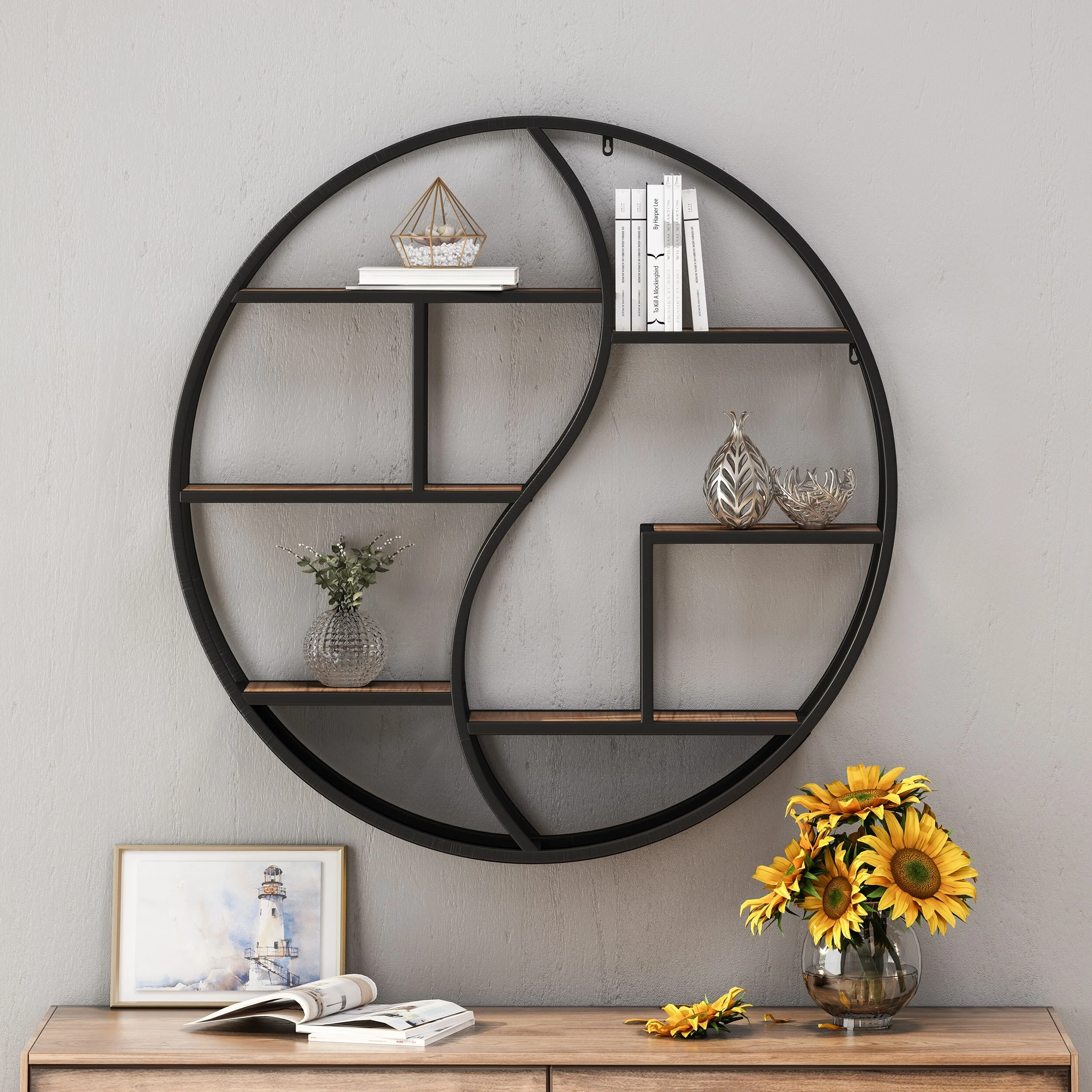 Buckthorn Industrial Circular Hanging Wall Shelf by Christopher Knight Home - 34.25 H x 34.25 W x 6.50 D