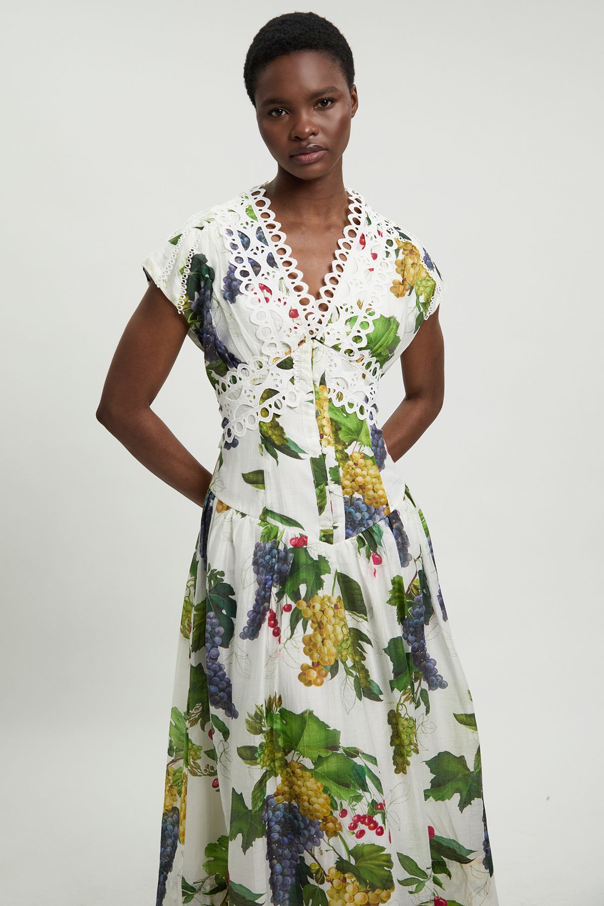 KarenMillen Fruit Print Tape Detail Short Sleeve Woven Maxi Dress
