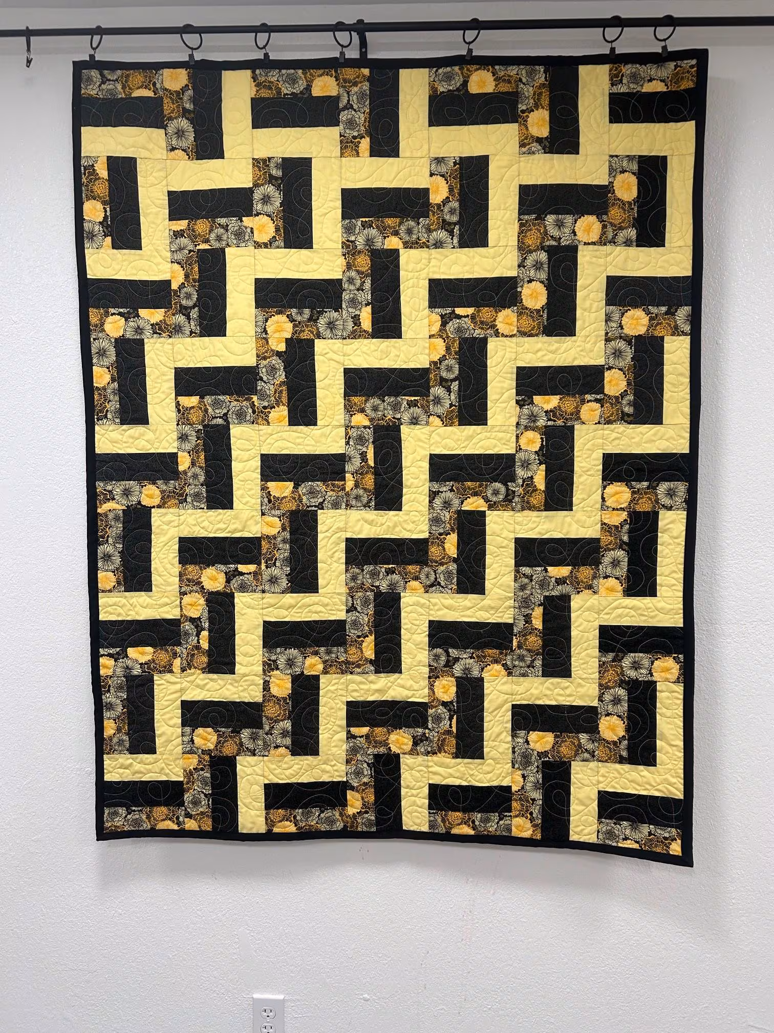 Yellow Black Floral Geometric Quilt Eye-Catching Statement Piece