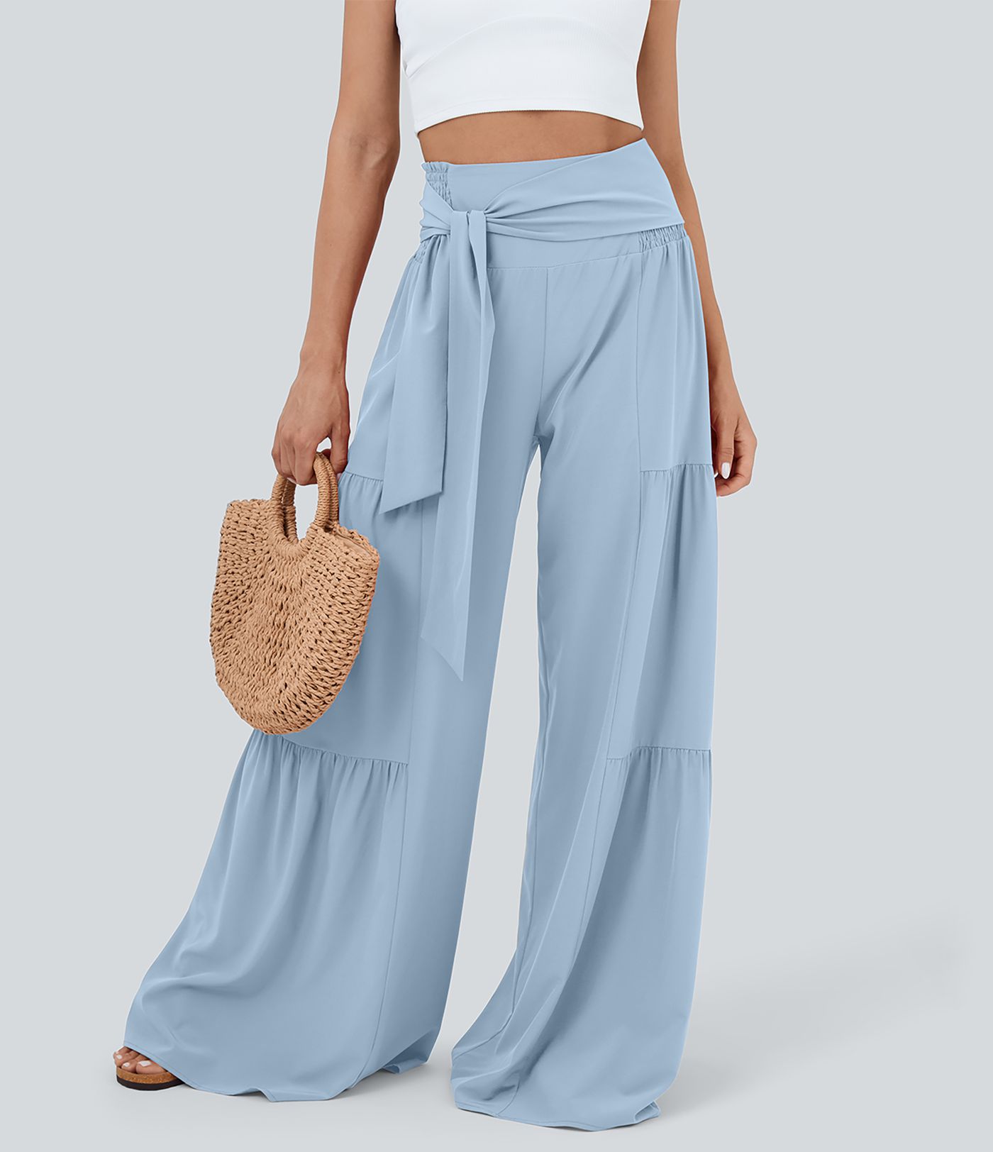 Breezeful™ Pantalon Large Casual Taille Haute Froncé à Nouer Devant et Dos Fluide Séchage Rapide