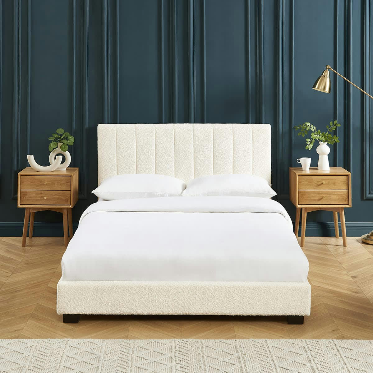 WILLIAM - Lit adulte avec tête de lit capitonnée en tissu bouclé écru 140x190