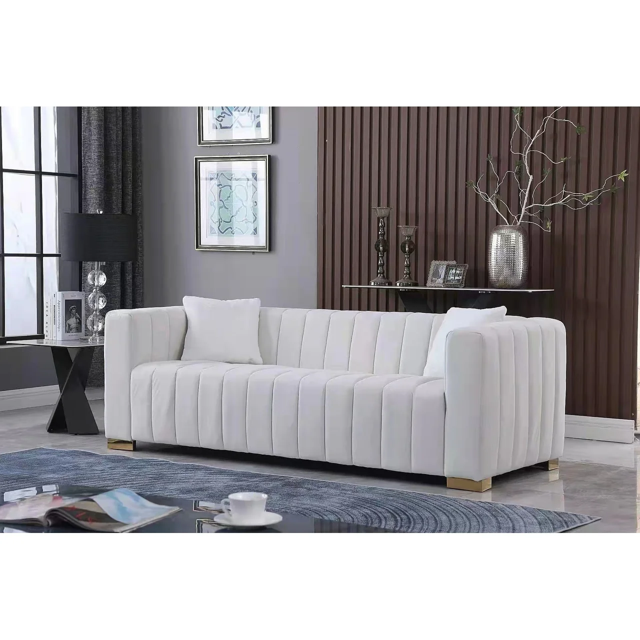 Modern 85.76'' Velvet Channel 3 Seater Sofa Couch, with 2 Pillow, Plush Foam Cushions, Luxurious Upholstered Couch
