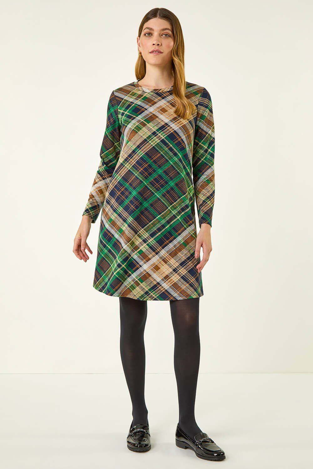 Roman Check Print Swing Pocket Dress