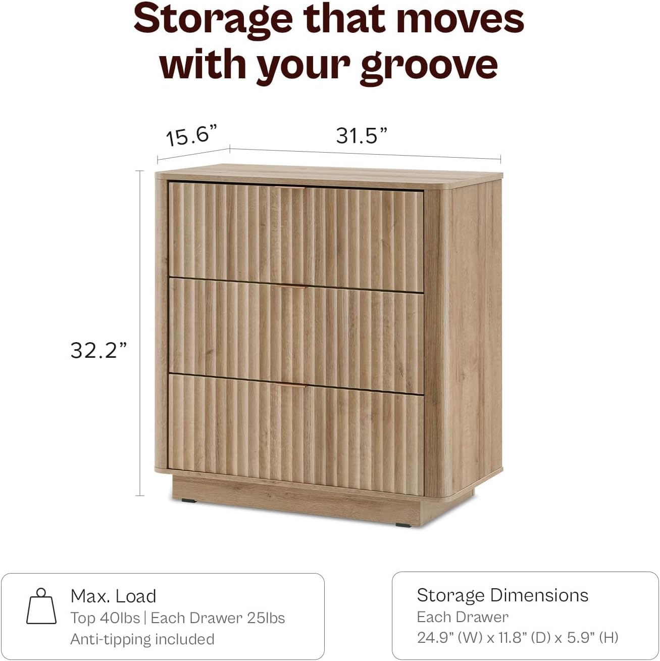 mopio Brooklyn 3 Drawer Dresser for Bedroom, Chest of Drawers, Wood Fluted Dresser Organizer, Modern Farmhouse, Tall Night Stand, Enhanced Safety, Sturdy Compliant (Oak)