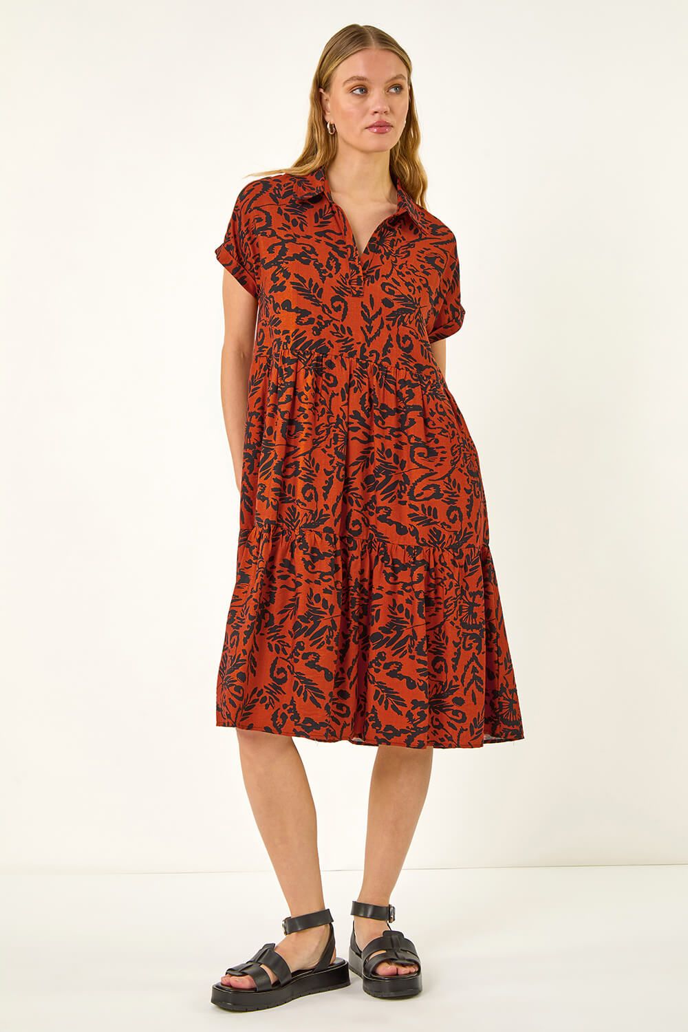 Roman Leaf Print Collared Smock Dress