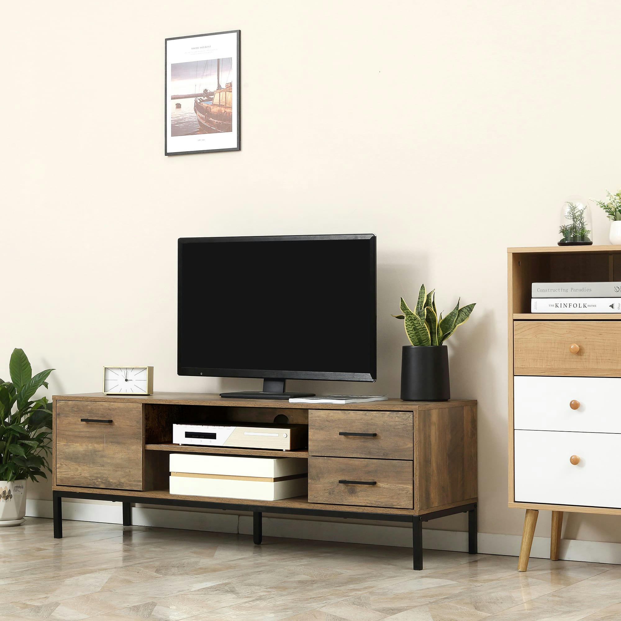 - Meuble TV banc TV design industriel acier noir aspect bois de manguier