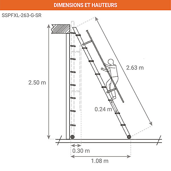 Echelle meunier rabattable acier - Marches métal - Hauteur à atteindre 2,50m - Coloris gris - SSPFXL-263-G-SR