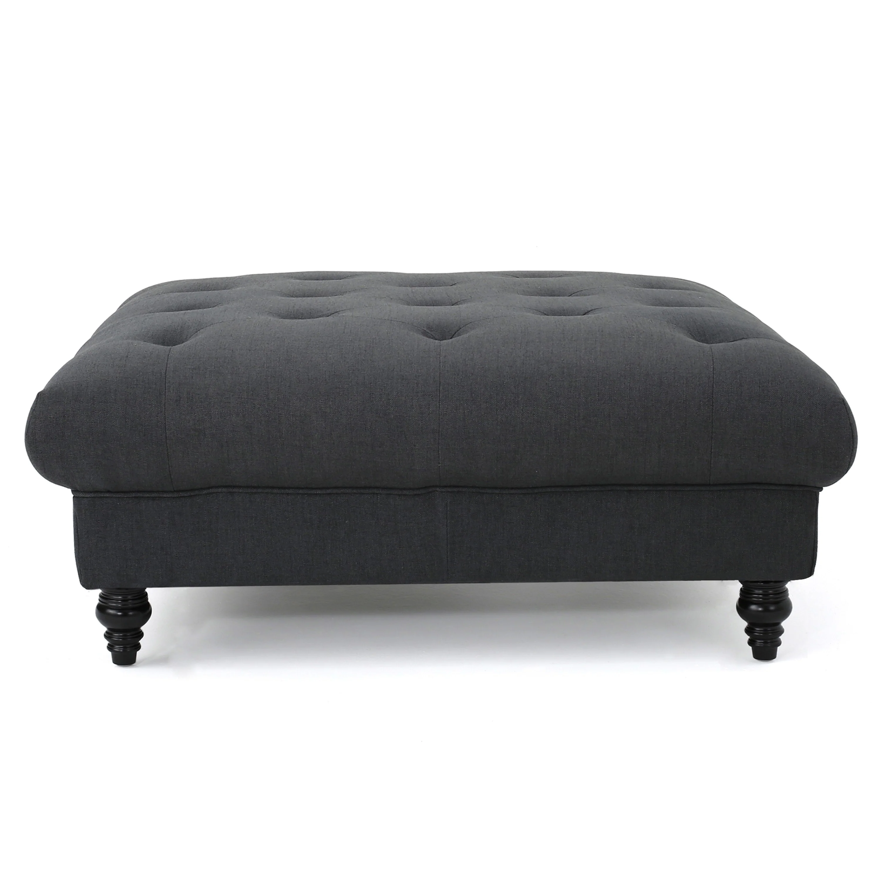 Capri Ottoman, Tufted Dark Gray Fabric, Birch Wood, Square 41 Inch