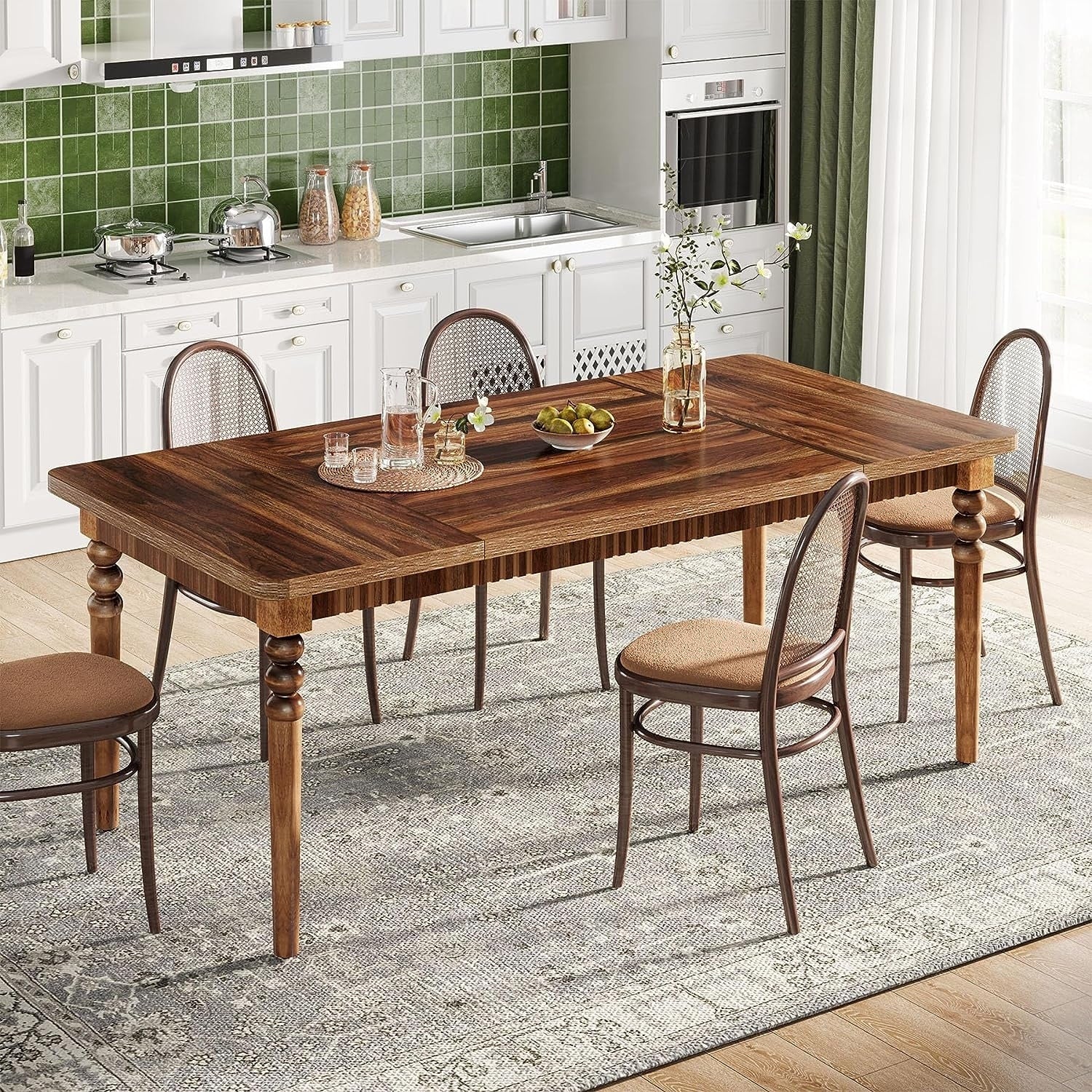 62 inch Farmhouse Dining Table for 4-6, Kitchen Table with Solid Wood Turned Legs, Brown