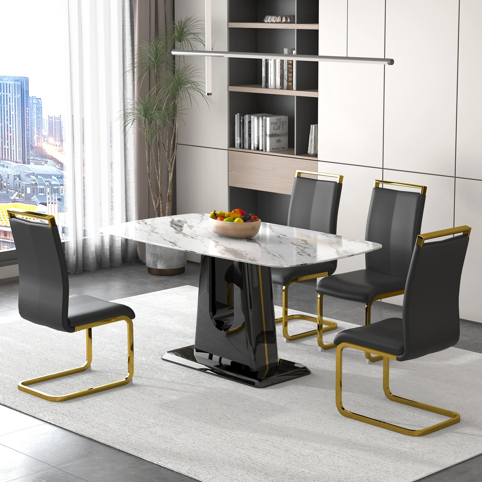 Modern Dining Table Set with Marble Pattern Tabletop and PU High Back Upholstered Dining Chairs