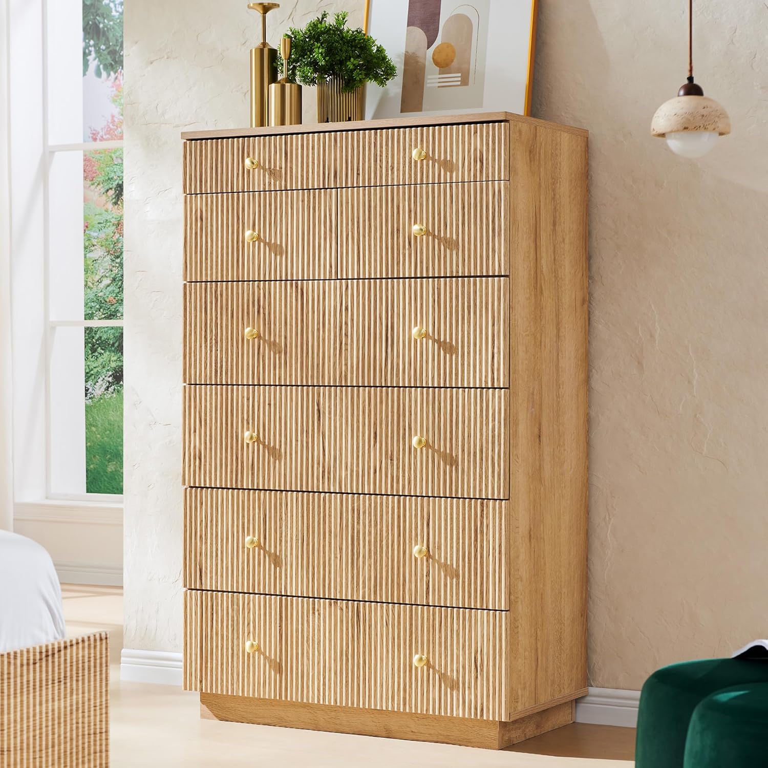 Fluted Dresser for Bedroom, 48 H 7 Drawer Dressers, Wood Tall Dresser Storage Organizer, Modern Bedroom Chest with Deep Storage for Closet Hallway, Entryway, Living Room Natural