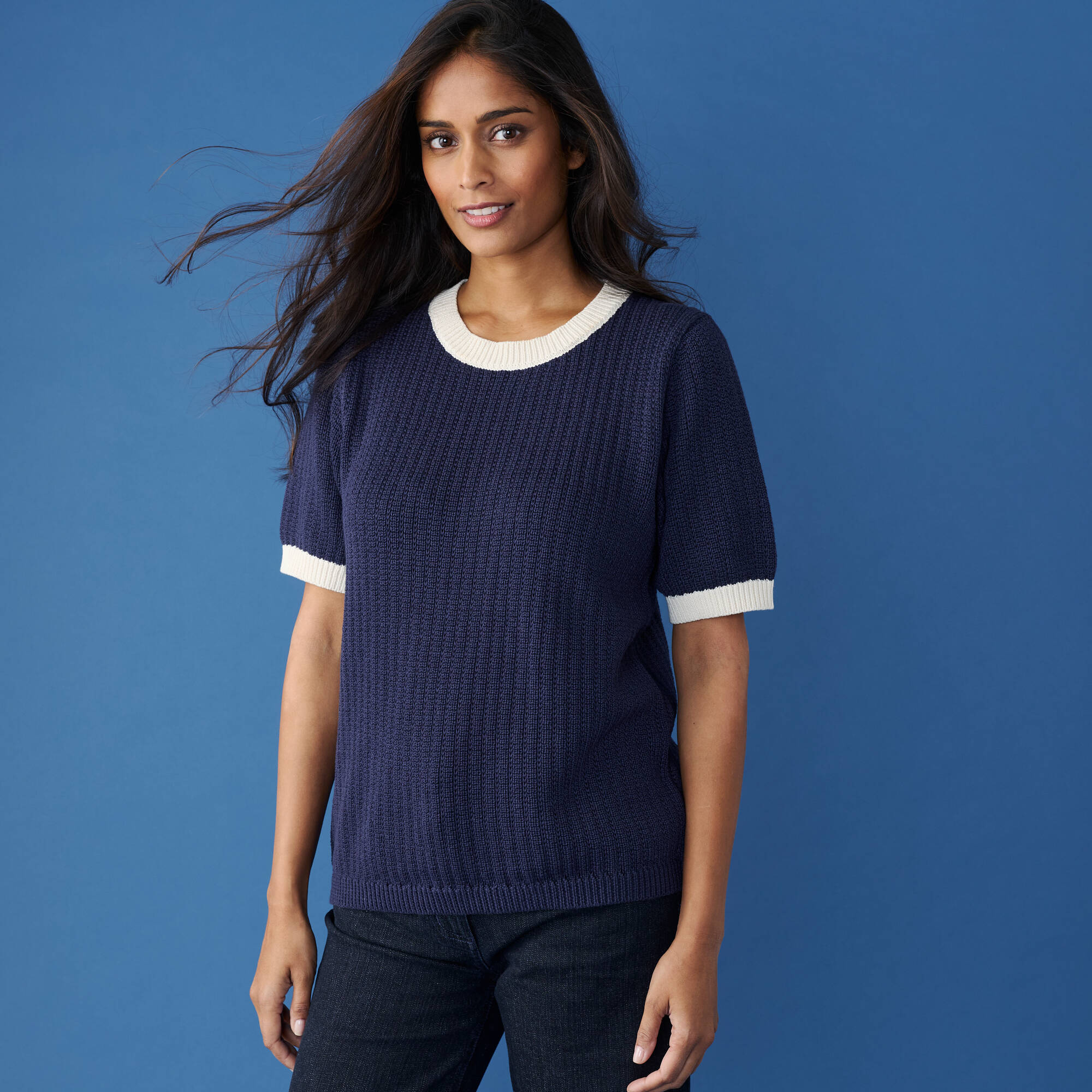 Pull bicolore manches coudes, maille fantaisie en coton