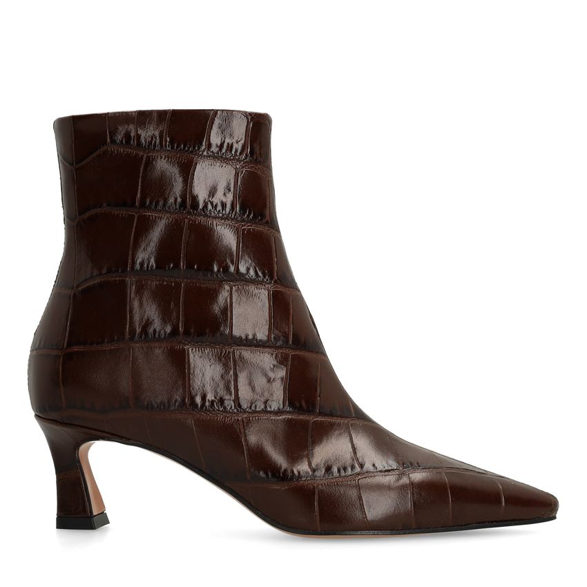 Manfield Bruine leren croco enkellaarsjes met hak