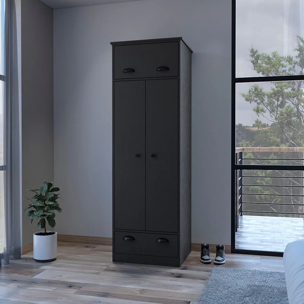 19.69 Modern Double-door Armoire with Top-hinged Drawer and Generously-sized Lower Drawer